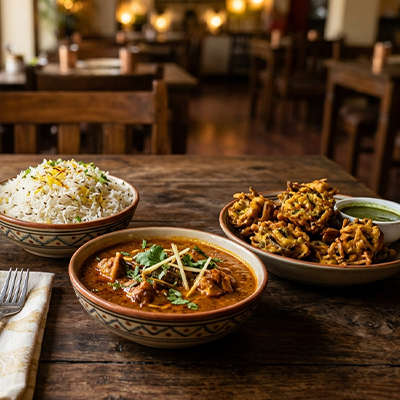 Indian Feast set meal for one with flavorful curry, rice or naan, and starters at Grilled-88 in Fairlie.