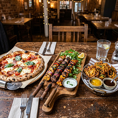 Ultimate Feast set meal for two including a 12-inch pizza, large kebab, and mixed pakora at Grilled 88 in Largs.